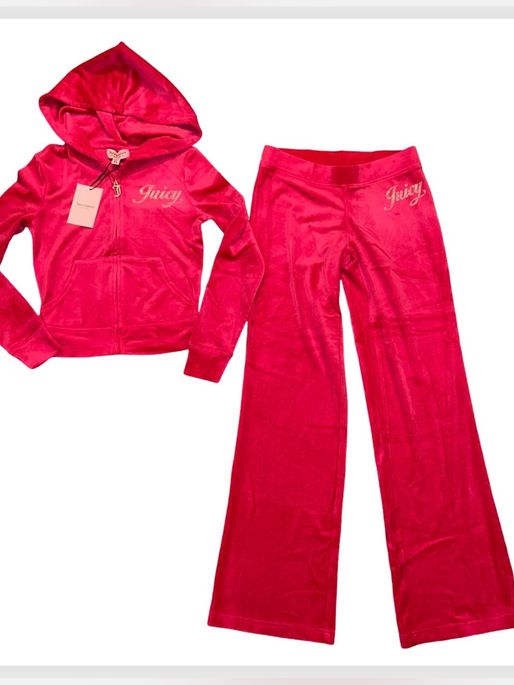 JUICY COUTURE VIXEN PINK BLING RHINESTONE SCRIPT VELOUR TRACKSUIT SWEATSUIT NWT - Picture 2 of 12